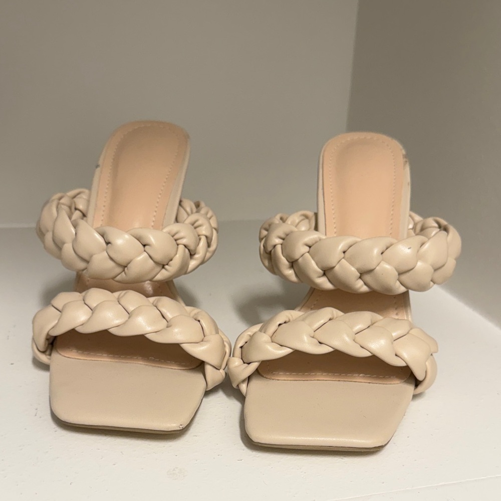 Braided Double-Strap Beige Women's Slide Heels